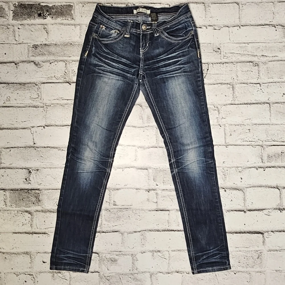 ZCO Dark Wash Low Rise Skinny Jeans Embellished Y2K Cowgirl Womens - Picture 2 of 7